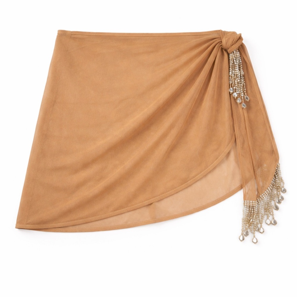 PrettyLittleThing Tan Mesh Wrap Skirt Crystal Tie Detail Size M